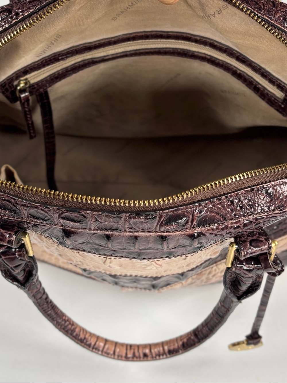 Brahmin Striped Dome Croc-Embossed Satchel Bag in Dark Brown and Beige - Picture 14 of 16